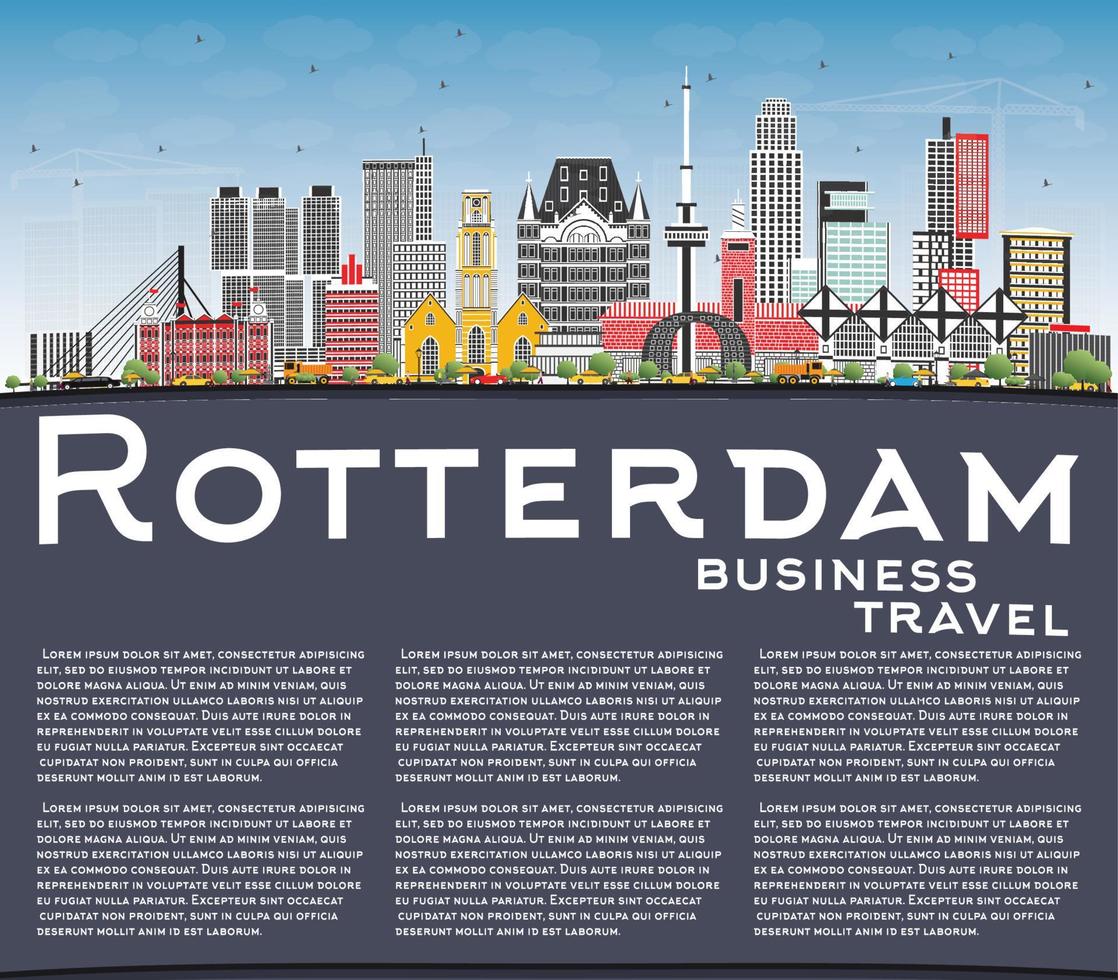 horizonte de la ciudad de rotterdam países bajos con edificios grises, cielo azul y espacio de copia. vector