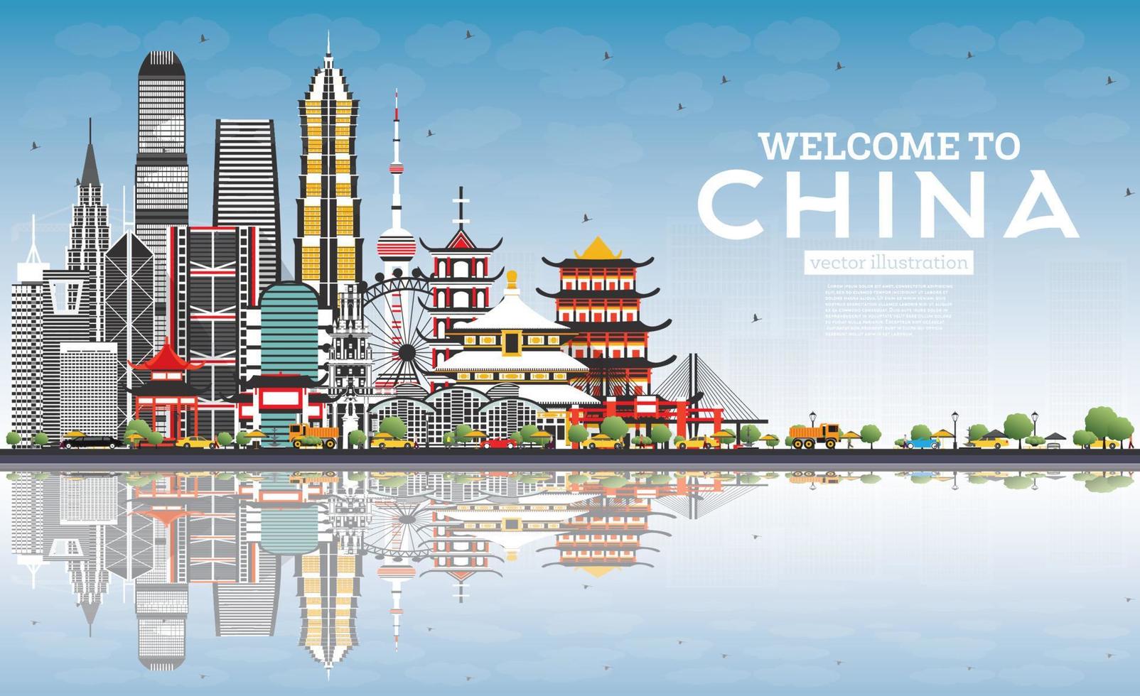 Welcome to China Skyline with Gray Buildings, Blue Sky and Reflections. vector