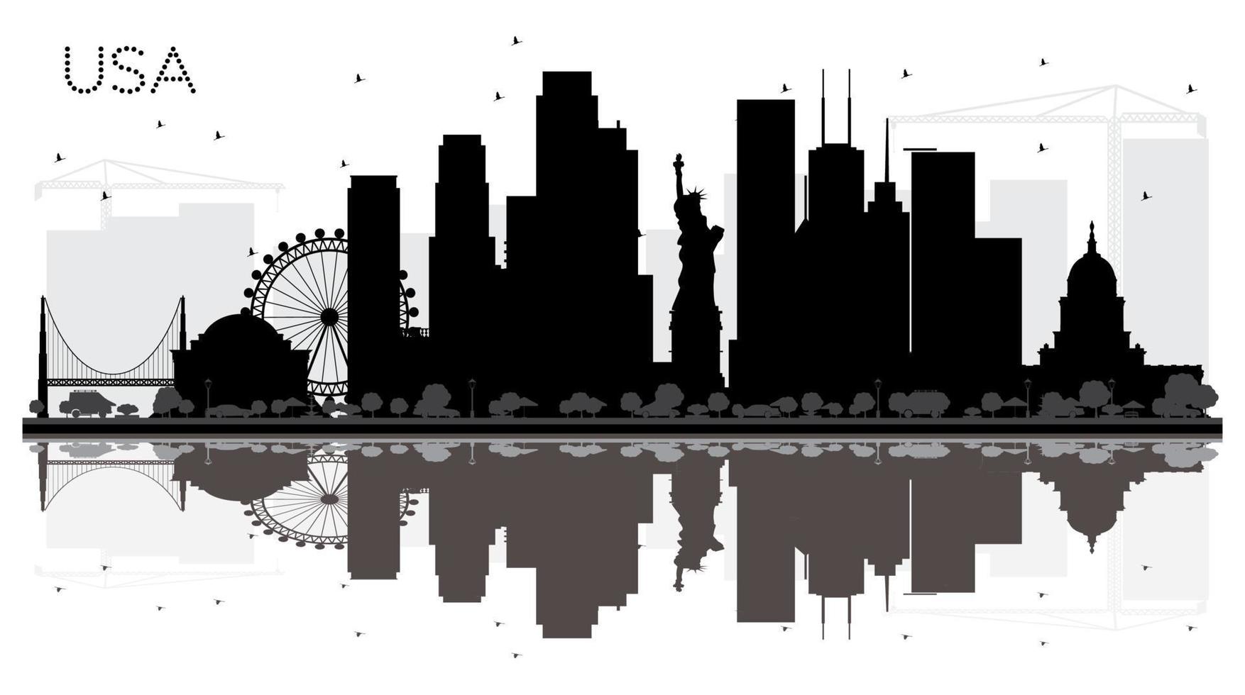 silueta en blanco y negro del horizonte de la ciudad de estados unidos con reflejos. vector
