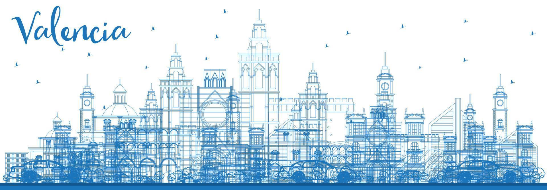 Outline Valencia Skyline with Blue Buildings. vector