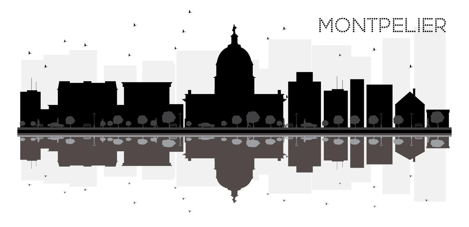 Montpelier City skyline black and white silhouette with reflections. vector