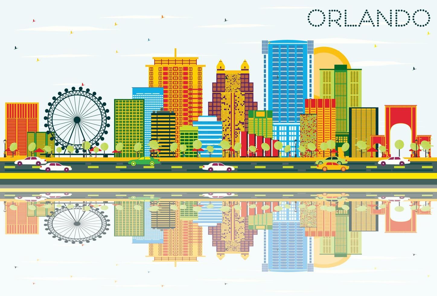 Orlando Skyline with Color Buildings, Blue Sky and Reflections. vector