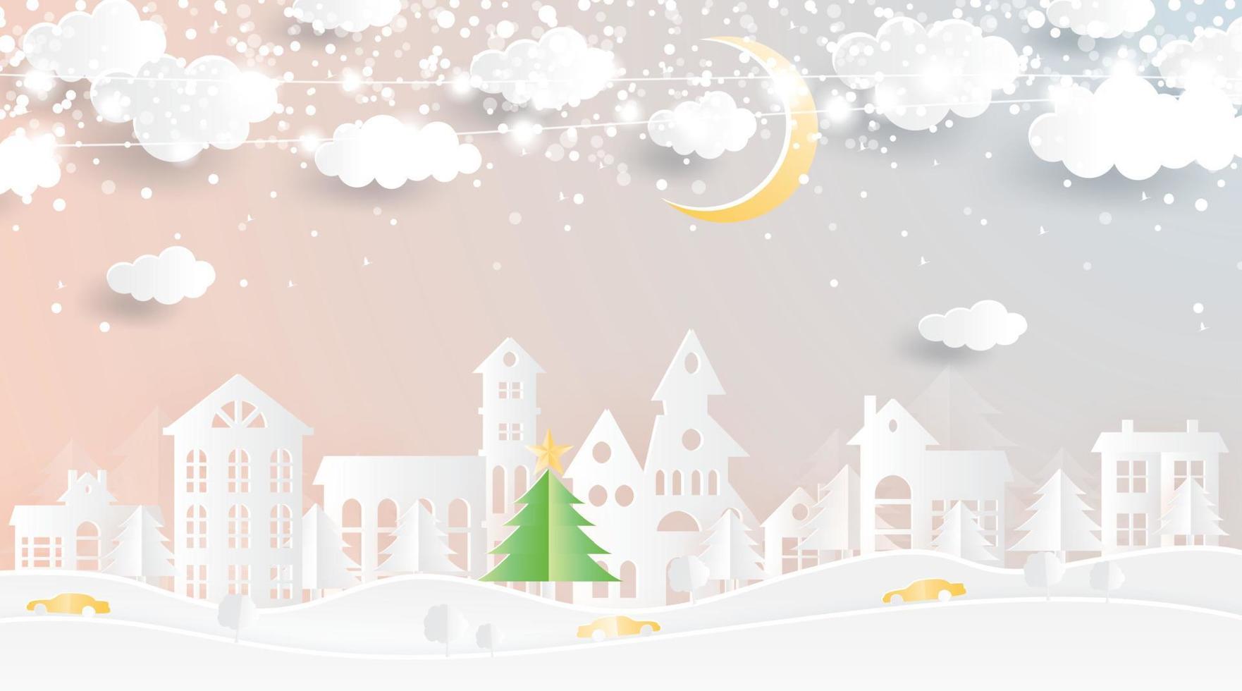 pueblo navideño en estilo de corte de papel. paisaje invernal con luna y nubes. vector