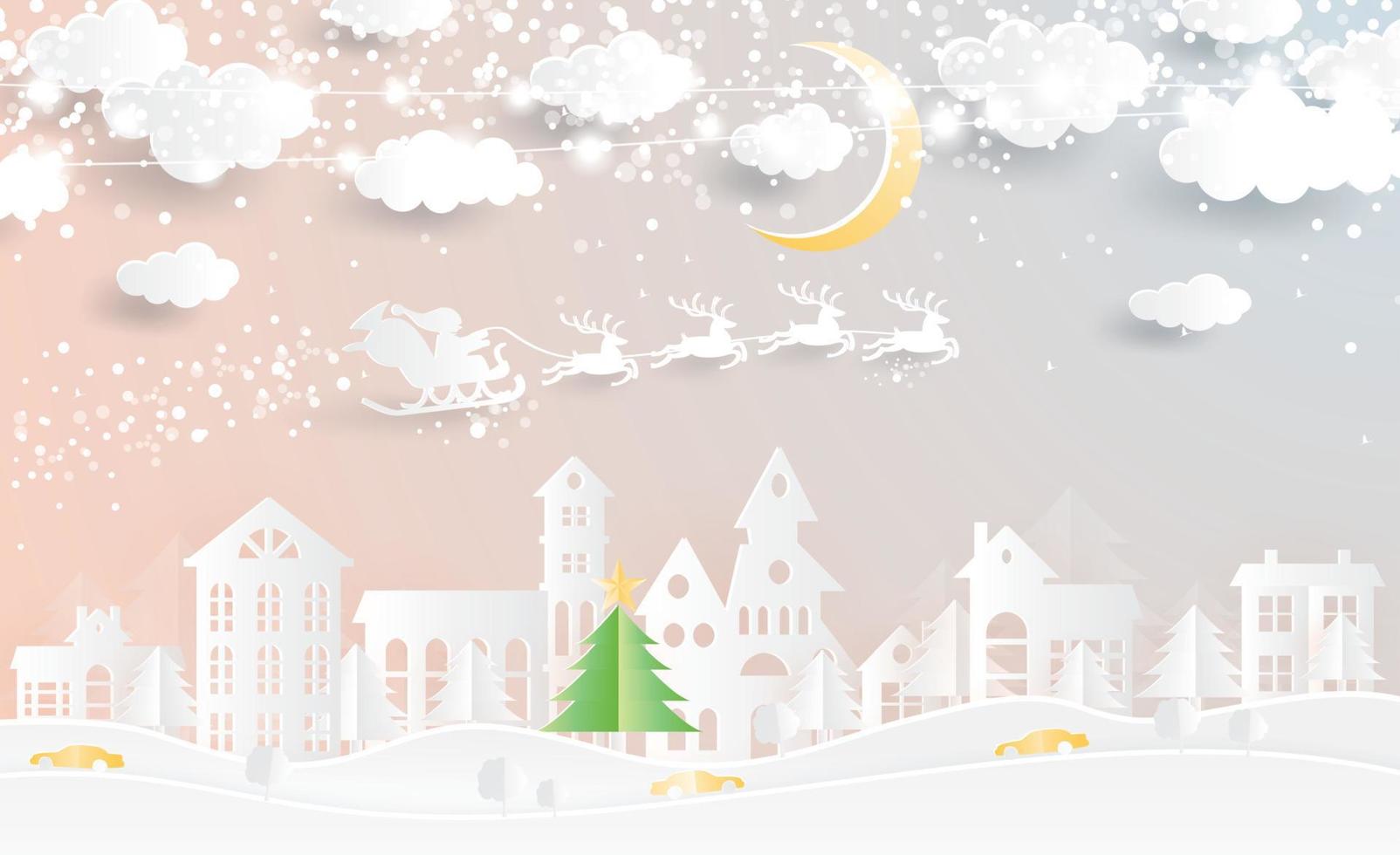 Christmas Village and Santa Claus in Sleigh in Paper Cut Style. vector
