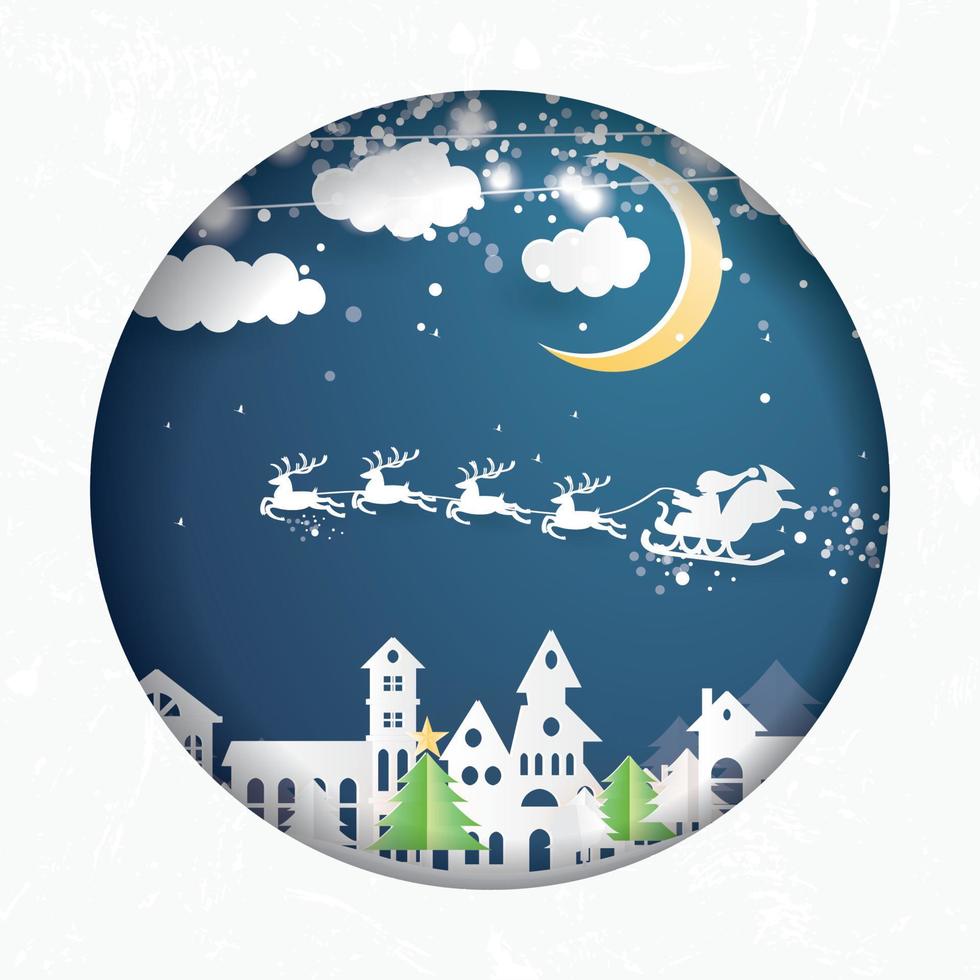 Christmas Village and Santa Claus in Sleigh in Paper Cut Style. vector