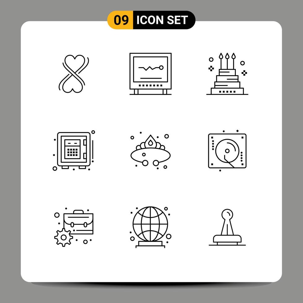 Pack of 9 Modern Outlines Signs and Symbols for Web Print Media such as crown safe cake money holiday Editable Vector Design Elements