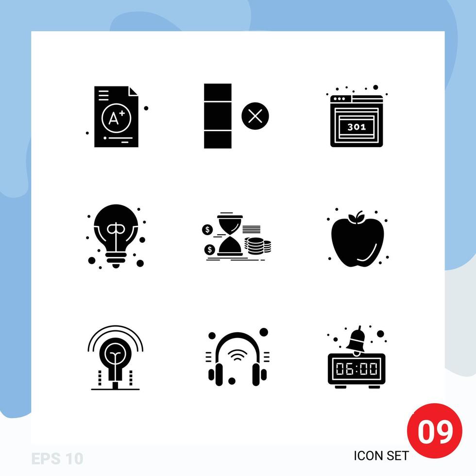 Set of 9 Commercial Solid Glyphs pack for time management error hourglass good idea Editable Vector Design Elements