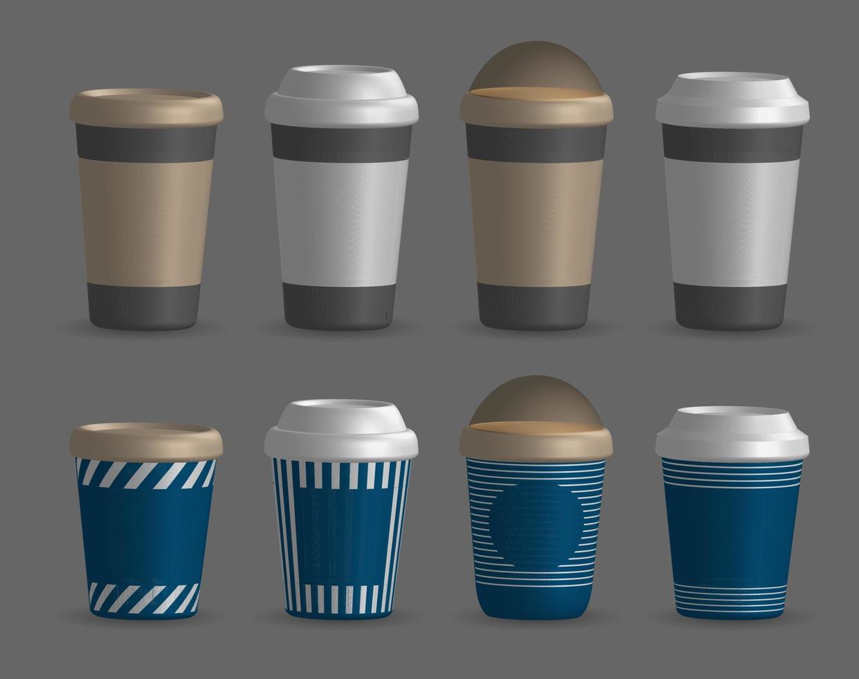 Set of closed paper cups. Collection of Plastic Cups with Covers for Drinks, Front View Mockup Design Templates. 3d vector realistic illustration