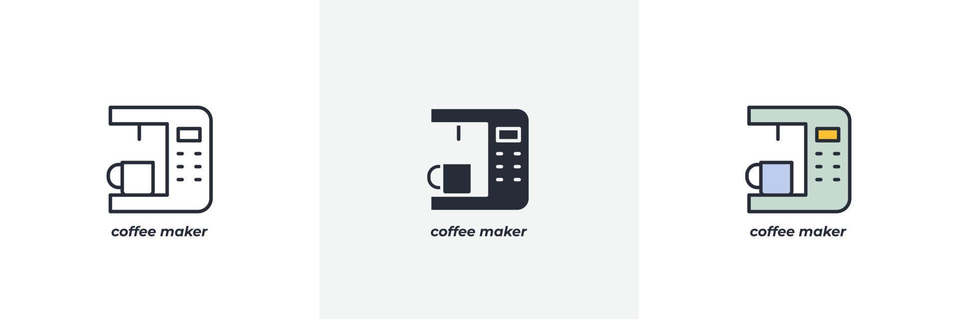 icono de la cafetera. línea, contorno sólido y relleno versión en color, contorno y signo de vector relleno. símbolo de idea, ilustración de logotipo. gráficos vectoriales