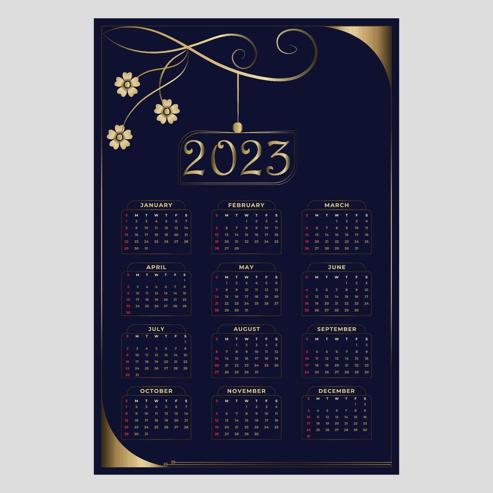 luxury 2023 calendar design template with blue and golden color vector