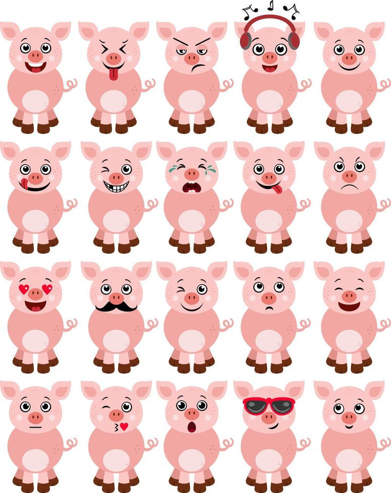 Set of a cute pig with different expressions vector