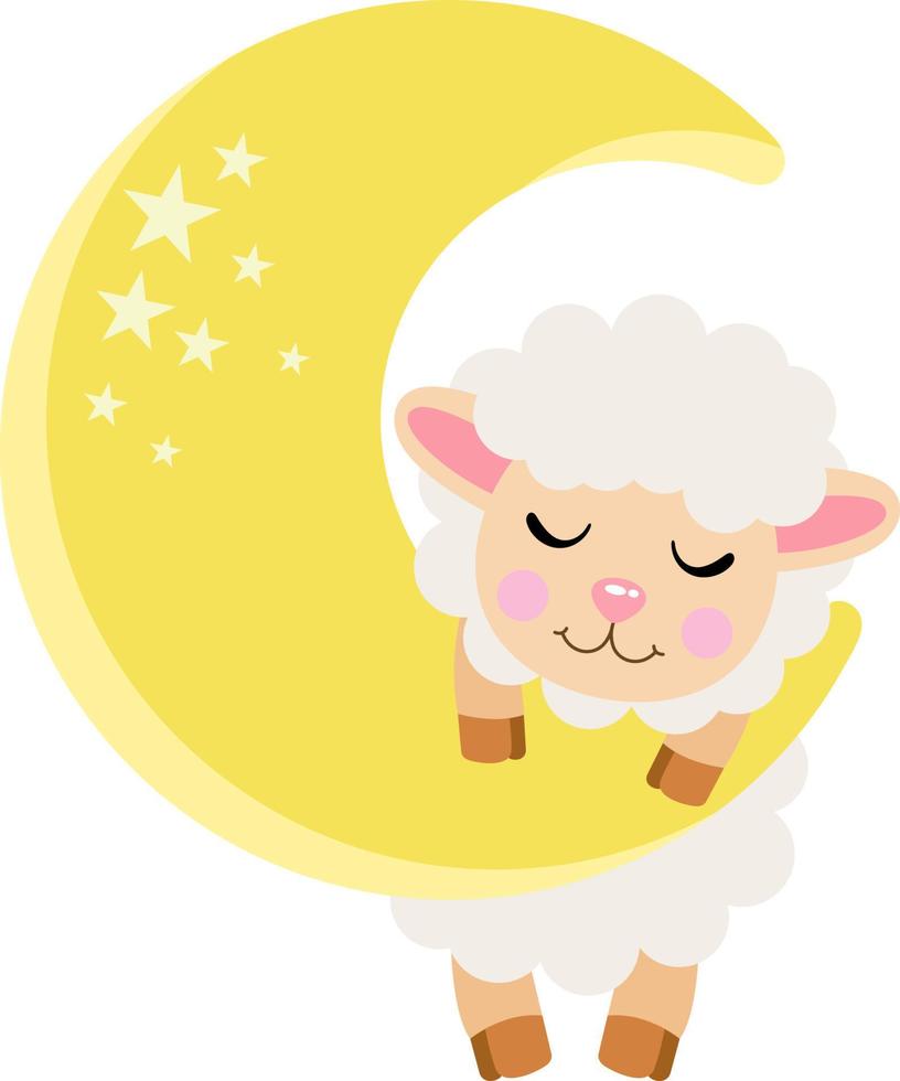 Cute lamb sheep hanging on yellow moon vector