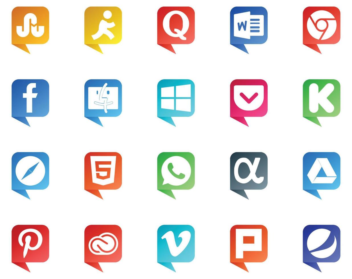 20 logotipos de estilo de burbujas de discurso de redes sociales como pinterest app net windows whatsapp browser vector