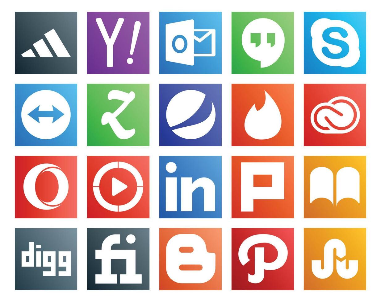 Paquete de 20 íconos de redes sociales que incluye el reproductor multimedia de windows de linkedin zootool opera cc vector