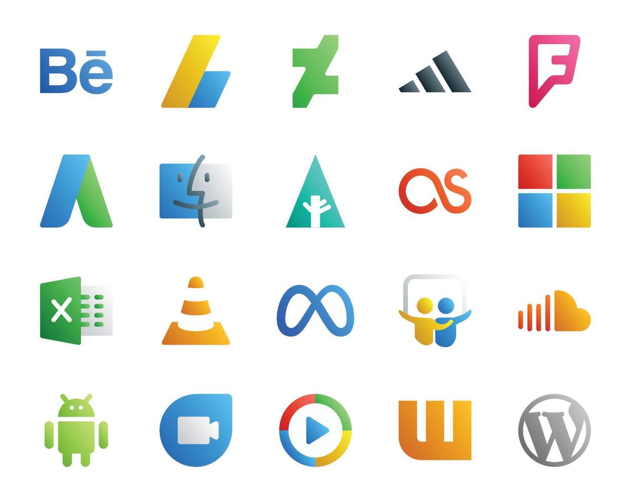 Paquete de 20 íconos de redes sociales que incluye slideshare meta forrst player vlc vector