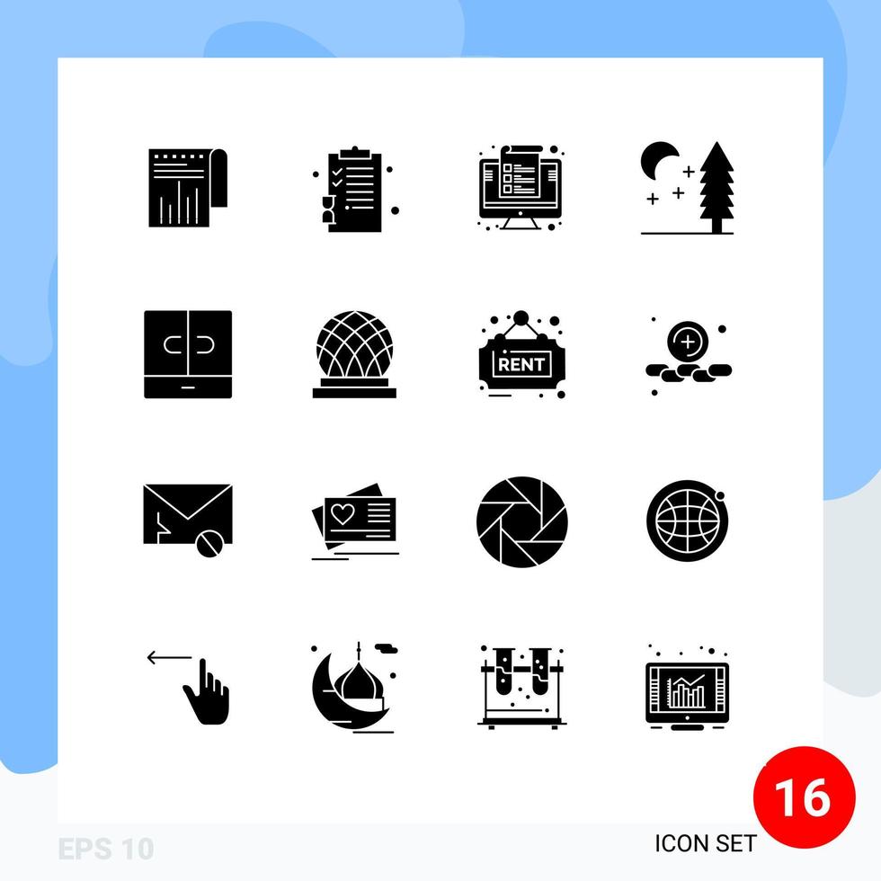Group of 16 Modern Solid Glyphs Set for decor tree computer night percent Editable Vector Design Elements