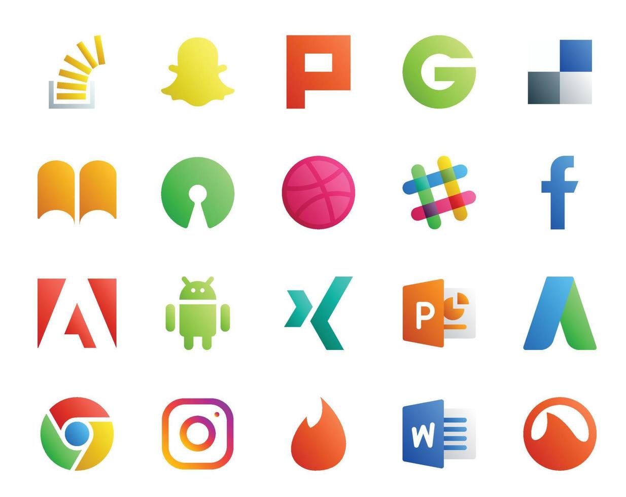 Paquete de 20 íconos de redes sociales que incluye powerpoint android ibooks adobe chat vector