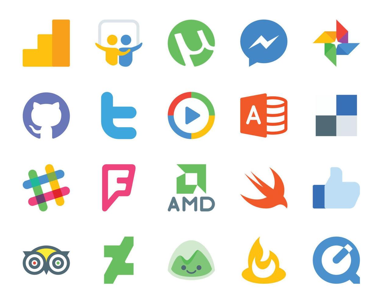 Paquete de 20 íconos de redes sociales que incluye como amd windows media player foursquare slack vector