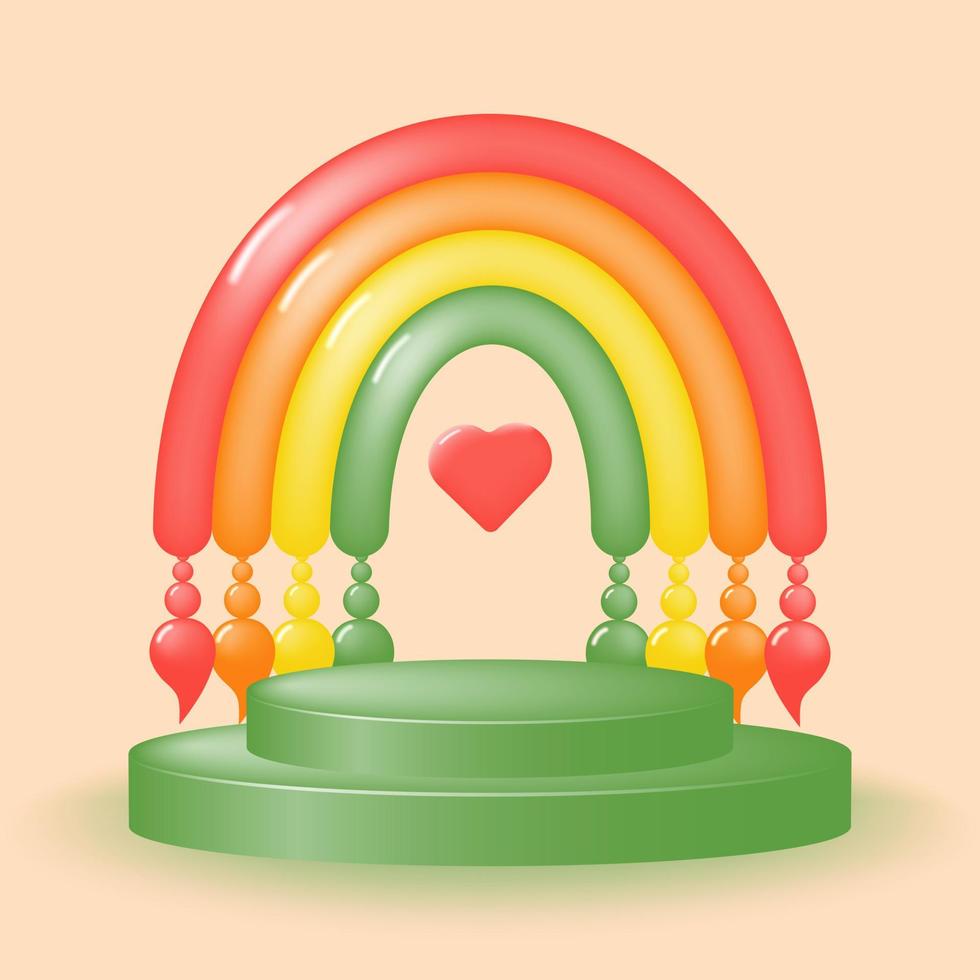 Decorative colorful podium with a cute rainbow for advertising goods for children. Product promotion concept. Vector illustration.