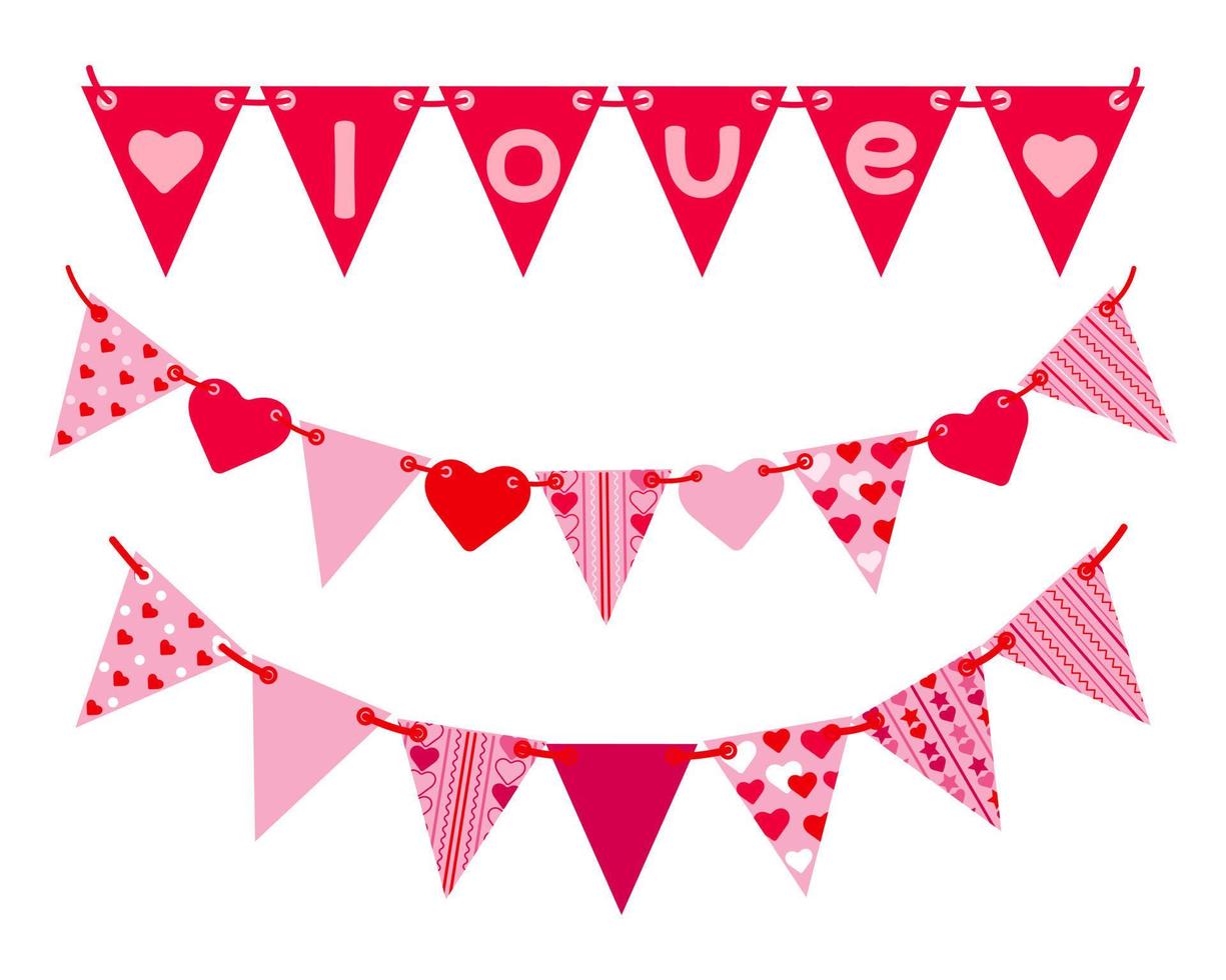 A set of festive flags on a rope of different types in a flat style. Garland with flags. Cute design element for Valentine's Day, birthday or carnival. Vector illustration.