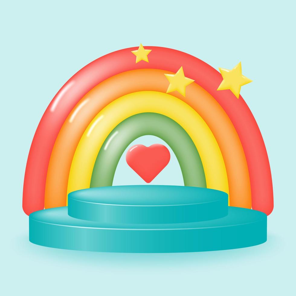 Colorful podium with rainbow, stars and heart for product promotion. Festive decor for advertising goods for children. Vector illustration.