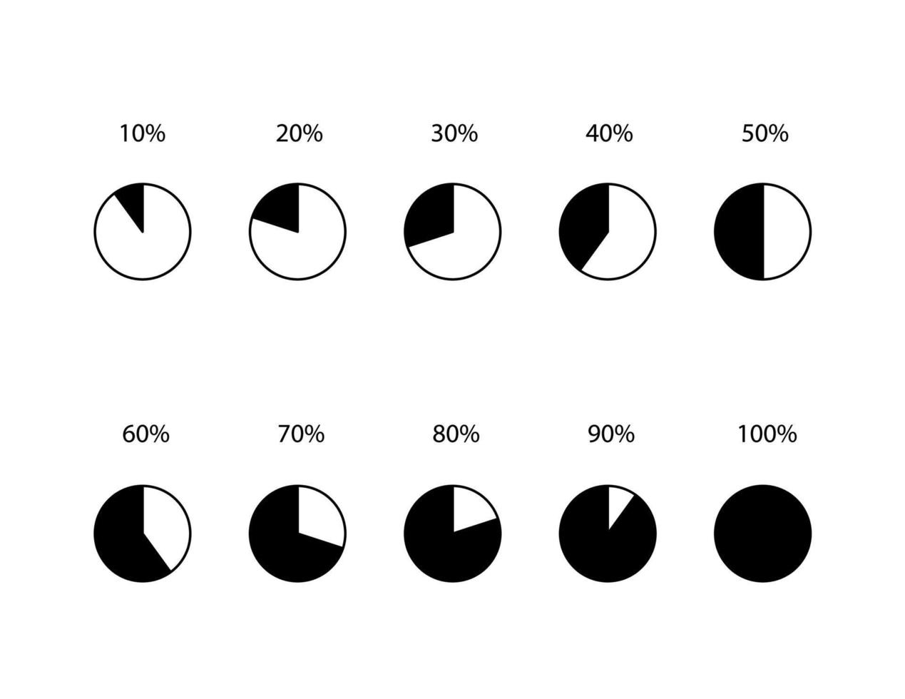 conjunto de vectores infográficos de porcentaje negro de gráfico circular