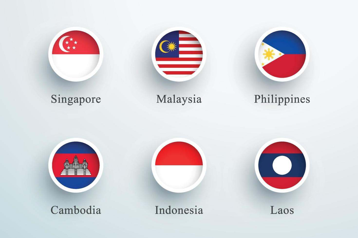 conjunto de bandera de asia sudoriental iconos de círculo de botón redondo 3d vector