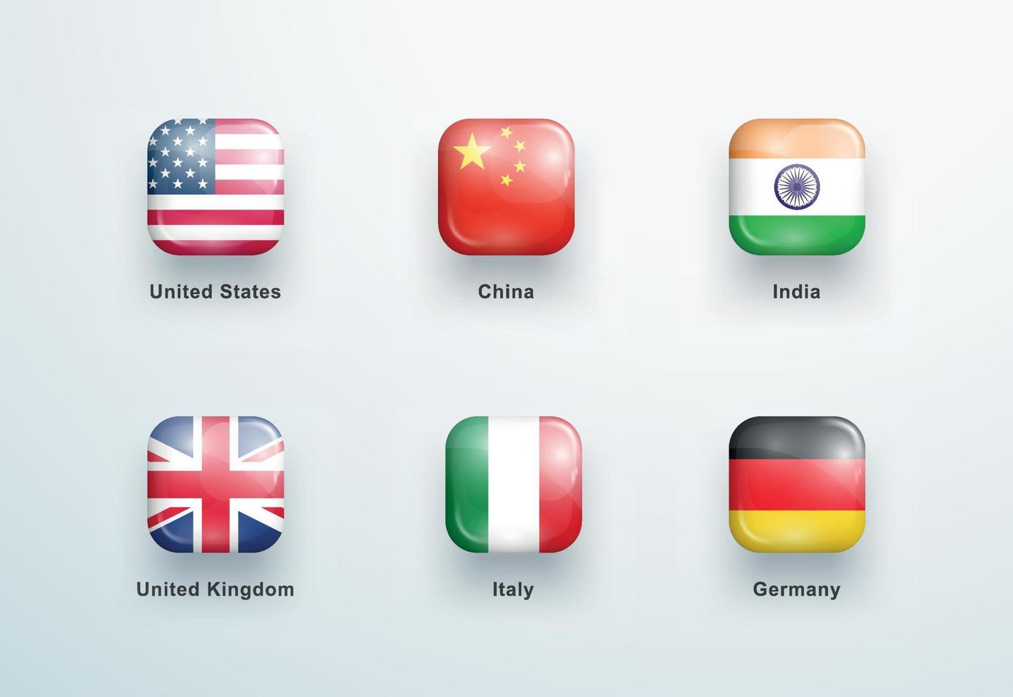 Conjunto de iconos de botones brillantes 3d cuadrados de banderas nacionales vector