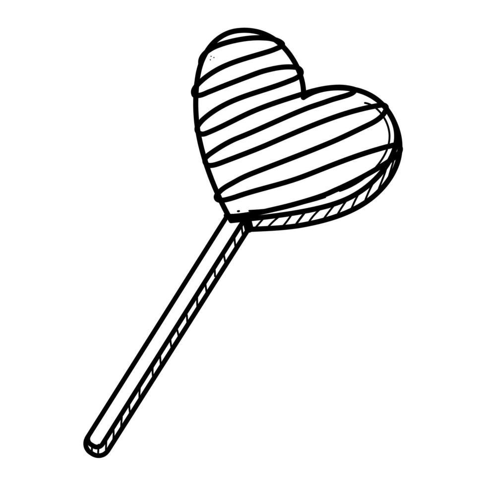 caramelo duro de piruleta dulce en forma de corazón dibujado a mano en una ilustración de vector de palo.