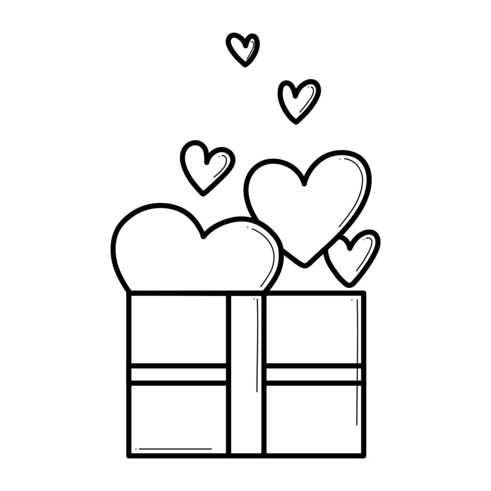 Hand drawn icon of gift box with hearts and bows in doodle style. vector