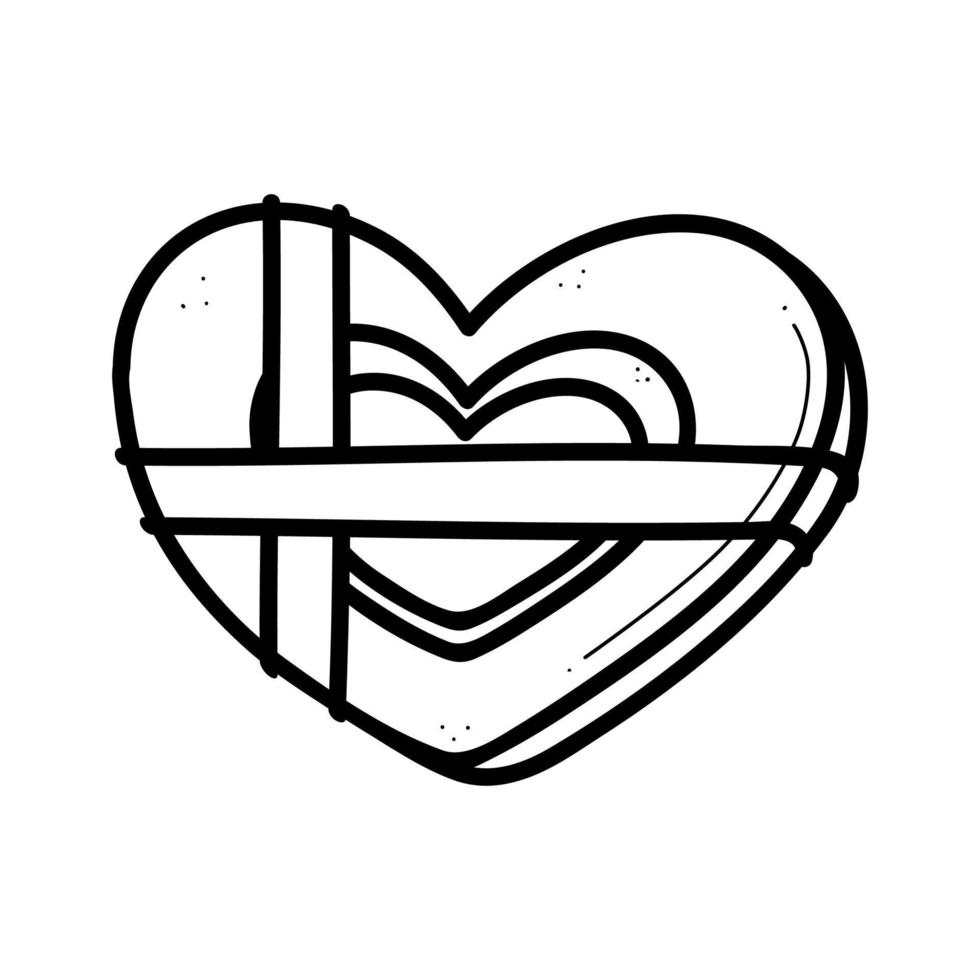 icono dibujado a mano de caja de regalo en forma de corazón con arcos en estilo garabato. vector