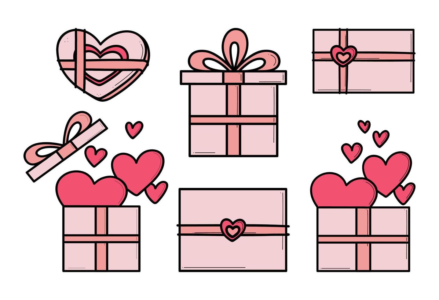 Hand drawn icons gifts with hearts in doodle style. Cartoon present box set with bows. vector