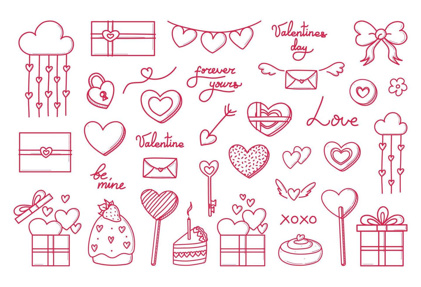 Valentines day vector hand drawn set of doodles. Cute romantic love icons for anniversary, wedding.