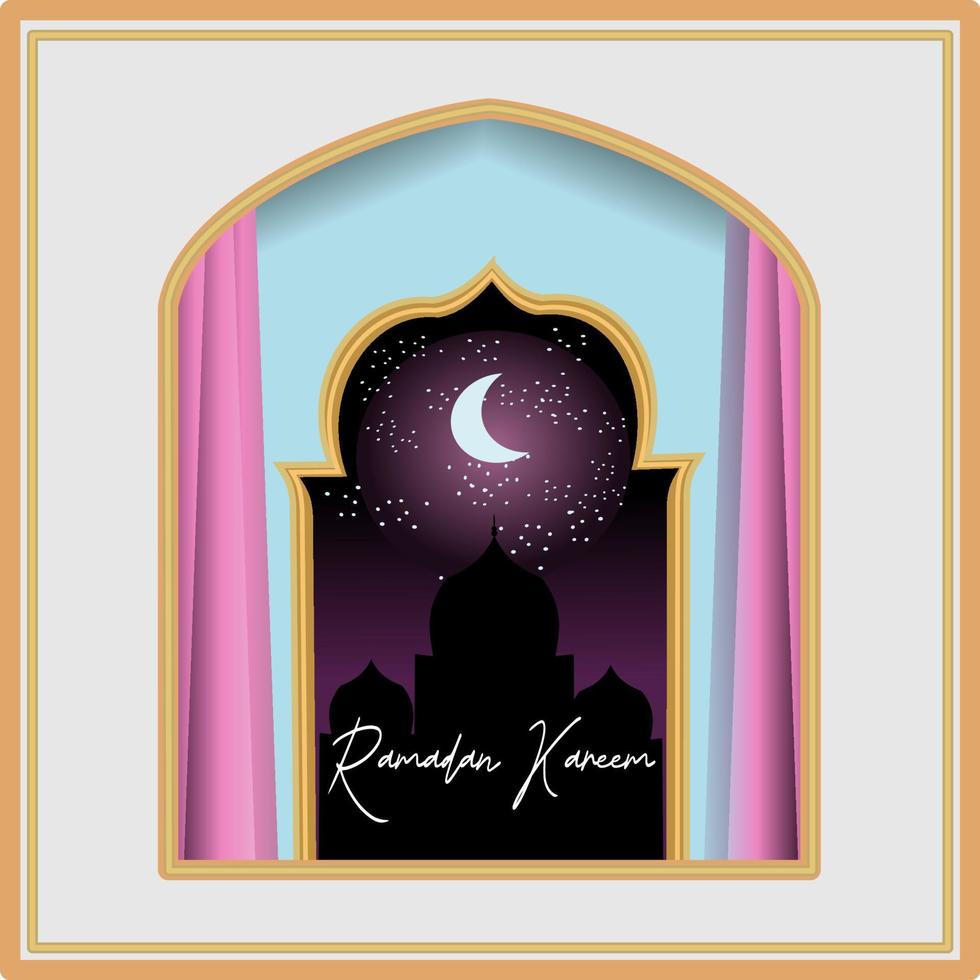 modern style Ramadan Mubarak greeting cards with retro boho design, moon, mosque dome and lanterns Vector Formats