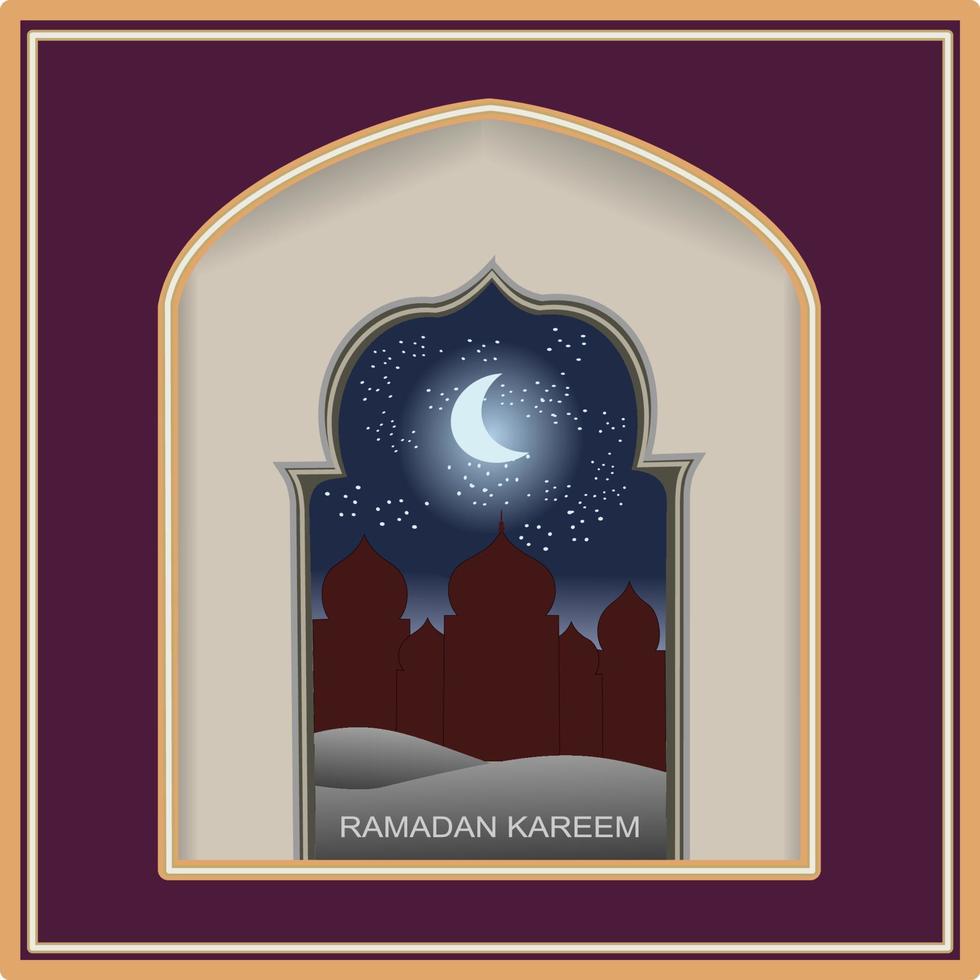 modern style Ramadan Mubarak greeting cards with retro boho design, moon, mosque dome and lanterns Vector Formats