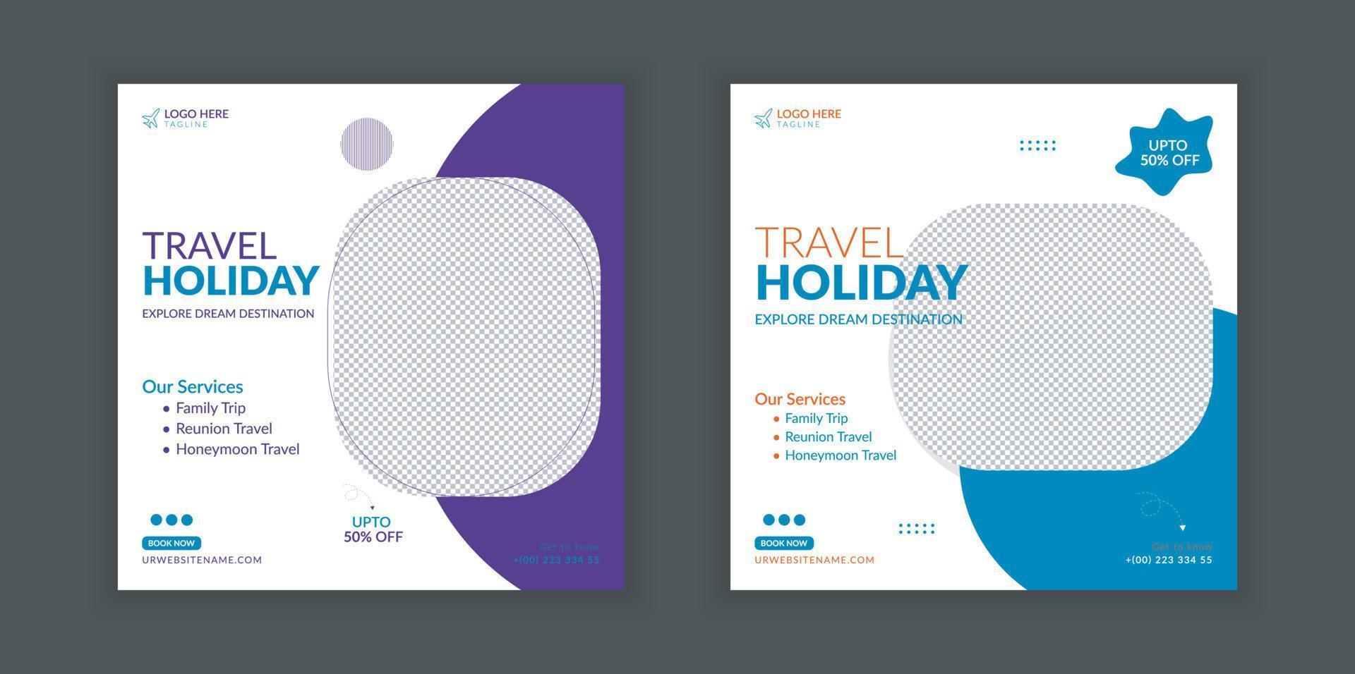 Travel banner design template, social media post design, travel holiday vacation post banner, tour and travel agency social media post. vector