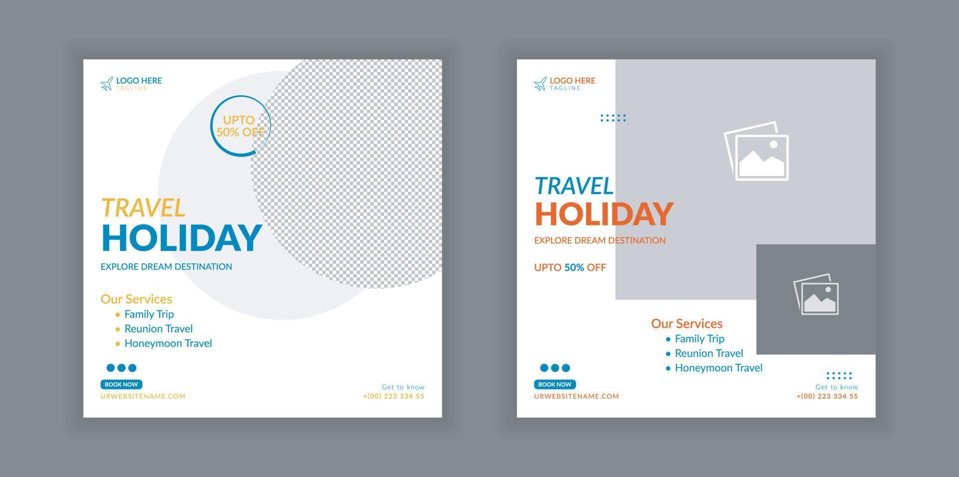Travel banner design template, social media post design, travel holiday vacation post banner, tour and travel agency social media post. vector