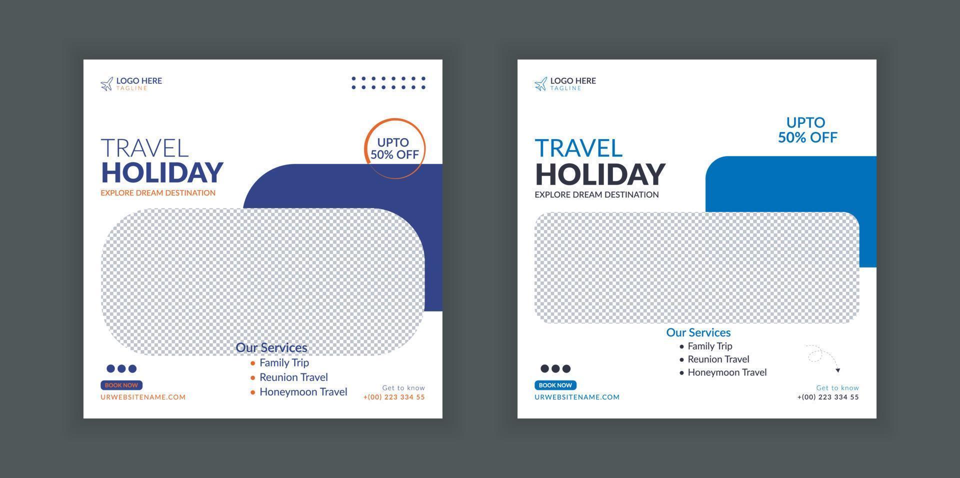 Travel banner design template, social media post design, travel holiday vacation post banner, tour and travel agency social media post. vector