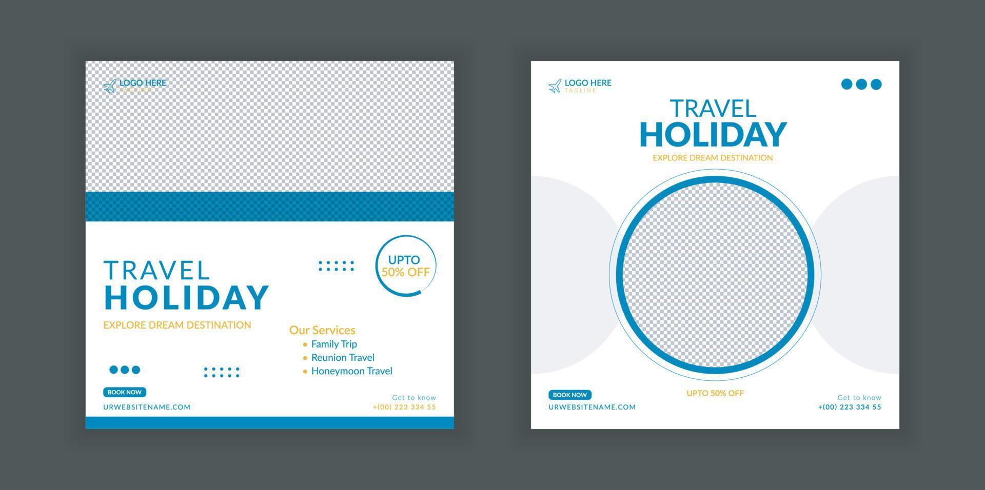 Travel banner design template, social media post design, travel holiday vacation post banner, tour and travel agency social media post. vector