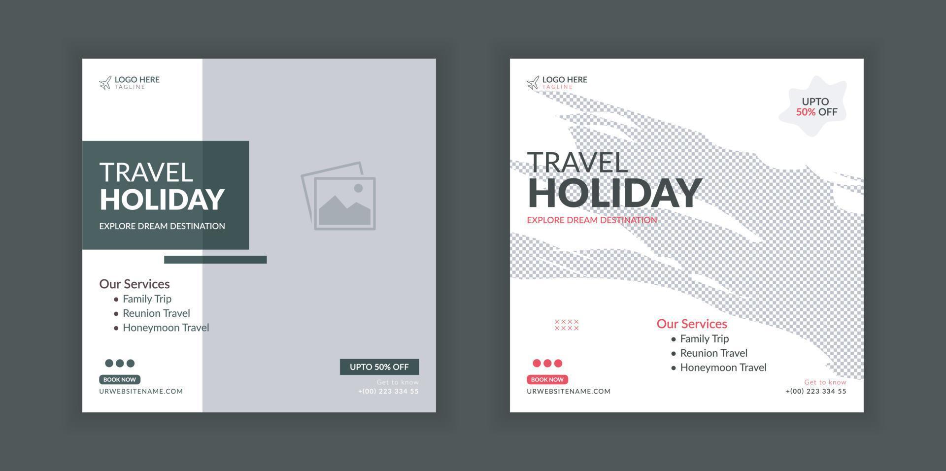 Travel banner design template, social media post design, travel holiday vacation post banner, tour and travel agency social media post. vector