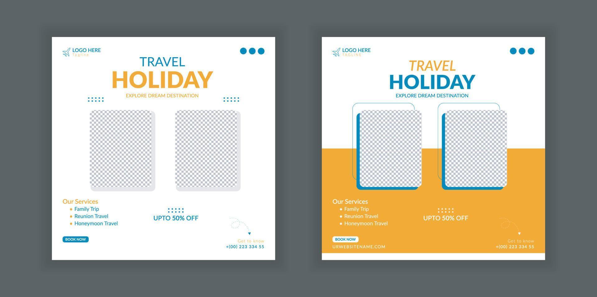 Travel banner design template, social media post design, travel holiday vacation post banner, tour and travel agency social media post. vector