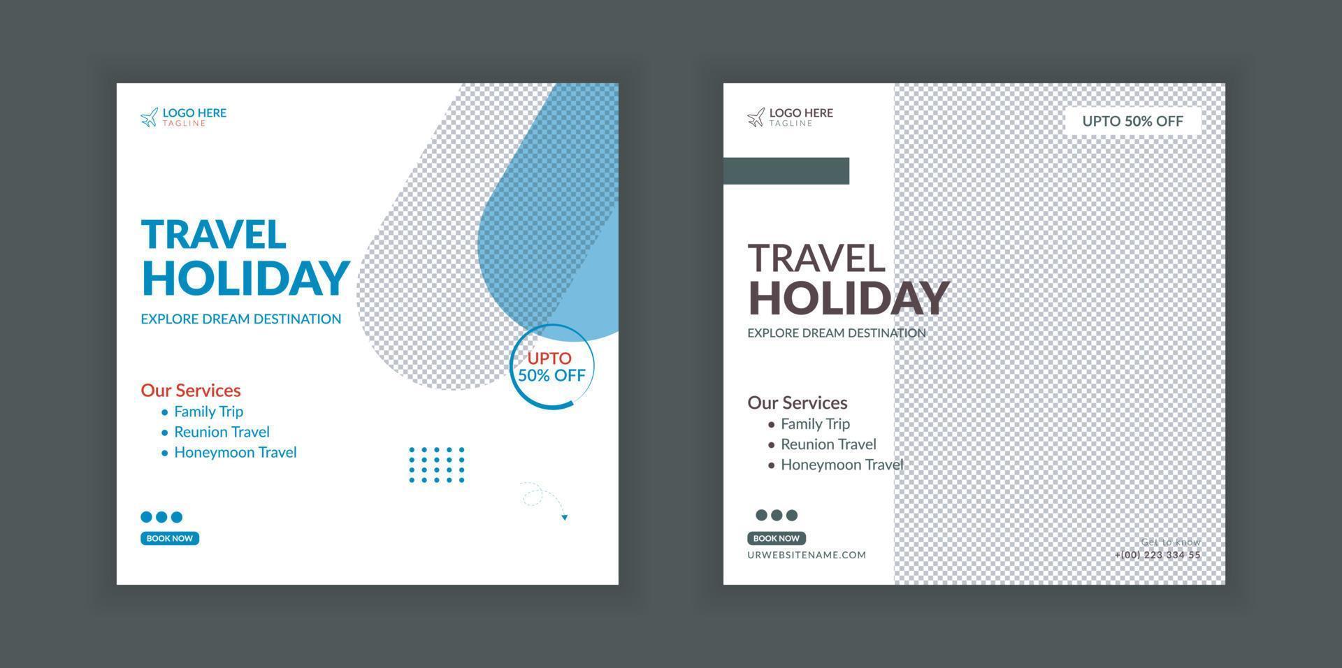 Travel banner design template, social media post design, travel holiday vacation post banner, tour and travel agency social media post. vector