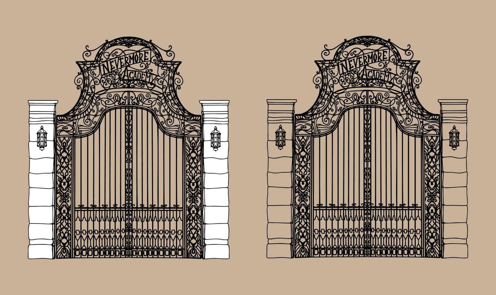 silueta de una ilustración de vector de puerta de hierro forjado. puertas antiguas de calado de metal al castillo. puertas de acero de hoja calada a la parcela del jardín