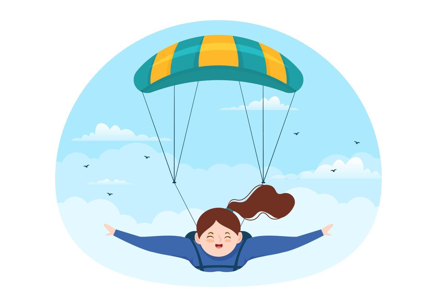 ilustración de paracaidismo con paracaidistas que usan paracaídas y salto del cielo para actividades al aire libre en plantillas dibujadas a mano de dibujos animados de deportes extremos planos vector