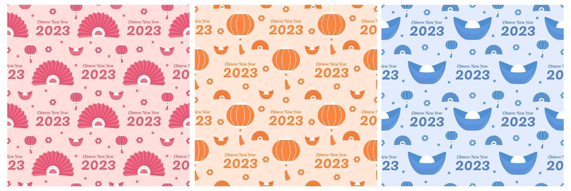 Set of Chinese Lunar New Year 2023 Days Seamless Pattern Decoration Template Hand Drawn Cartoon Flat Illustration vector