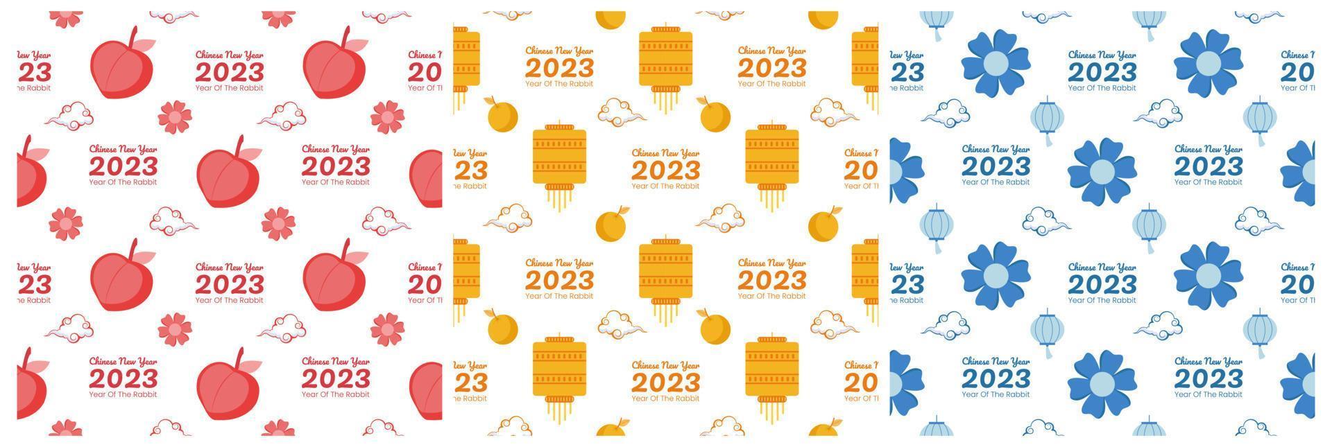 conjunto de año nuevo lunar chino 2023 días plantilla de decoración de patrones sin fisuras dibujado a mano ilustración plana de dibujos animados vector