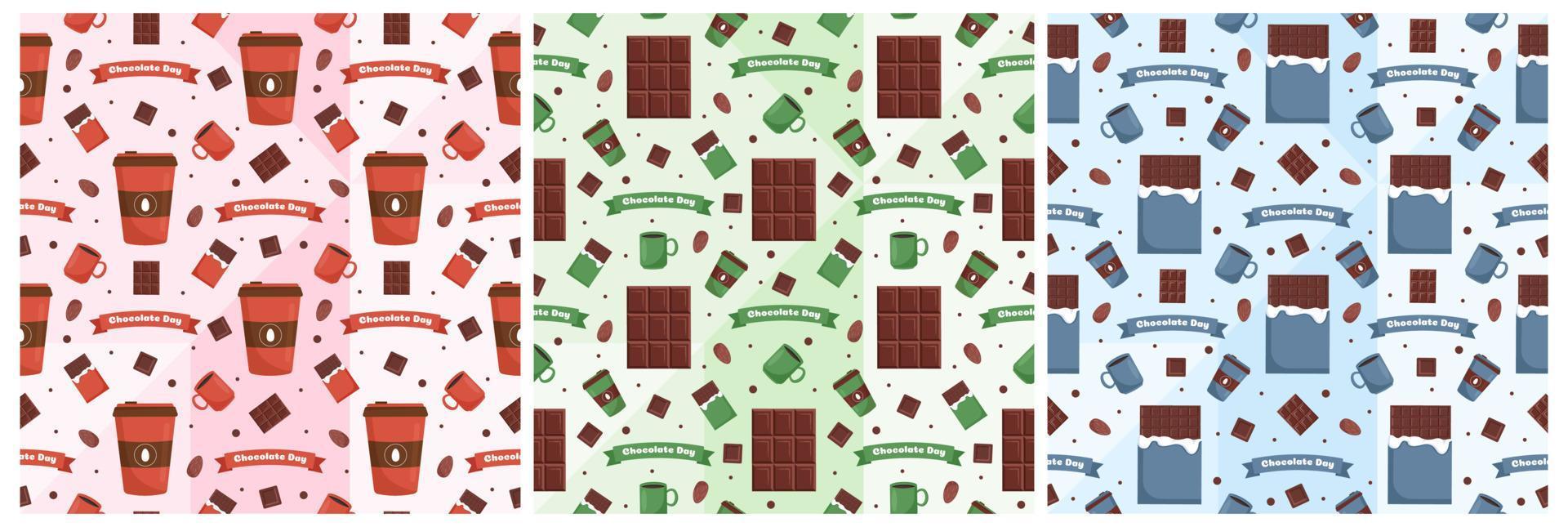 conjunto de diseño de patrones sin fisuras de chocolate con decoración de choco en plantilla ilustración de dibujos animados dibujados a mano vector