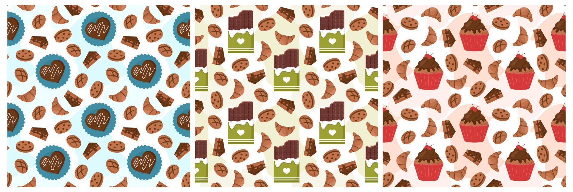 Set of Chocolate Seamless Pattern Design with Choco Decoration in Template Hand Drawn Cartoon Illustration vector