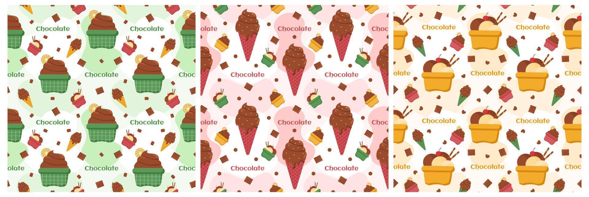 Set of Chocolate Seamless Pattern Design with Choco Decoration in Template Hand Drawn Cartoon Illustration vector