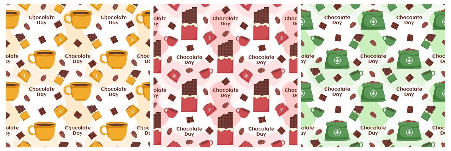 conjunto de diseño de patrones sin fisuras de chocolate con decoración de choco en plantilla ilustración de dibujos animados dibujados a mano vector